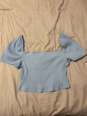 H&M Light Blue Ribbed Square-Neck Puff Sleeve Crop Top